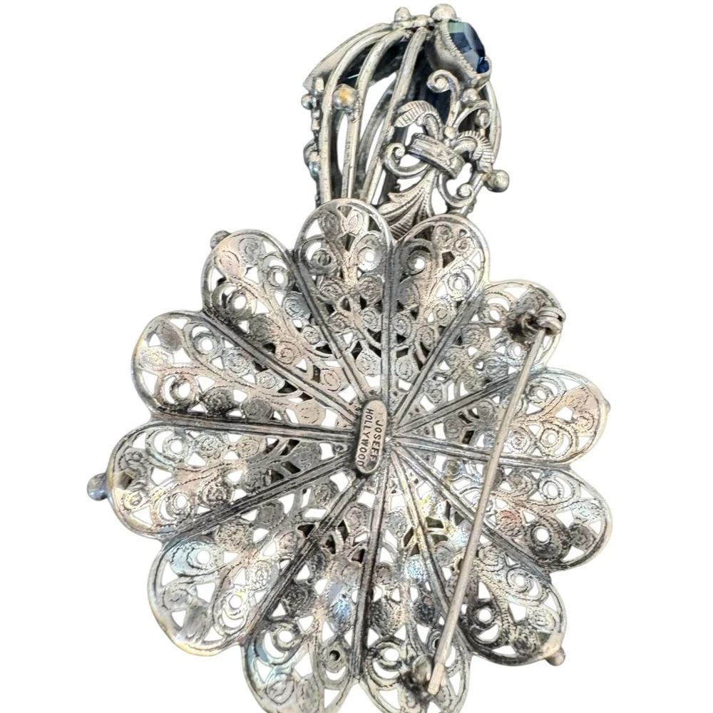 Joseff Hollywood Ornate Silver Metal Brooch with Blue Glass  Accents